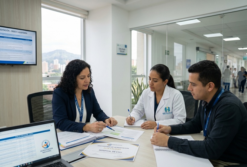 Consultores de calidad en reunión de asesoría para certificación ISO y acreditación ONAC